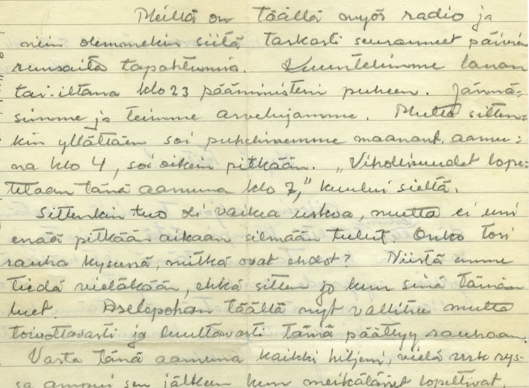 Kirje Lietoon sodan loppuessa 1944.